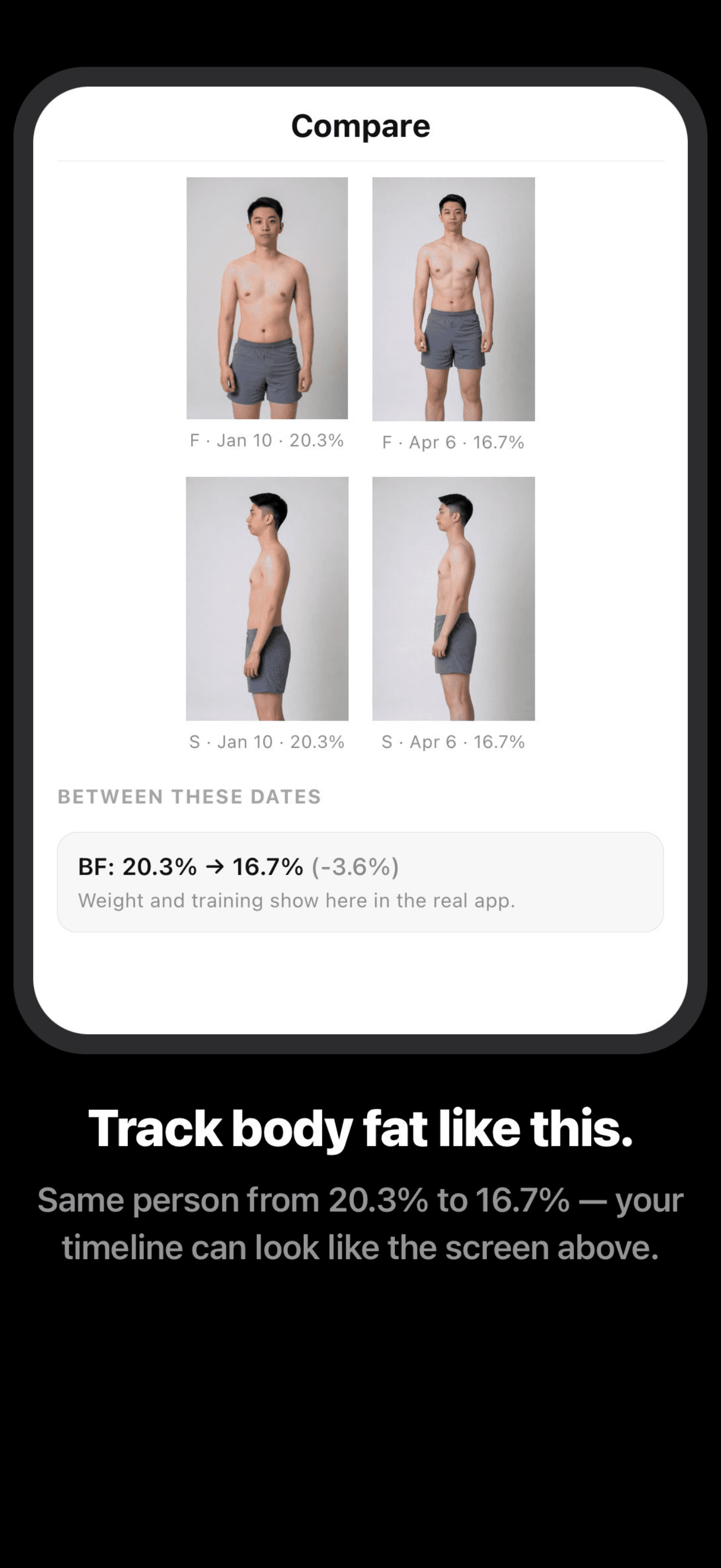 Baadia compare screen — progress photos and metrics over time
